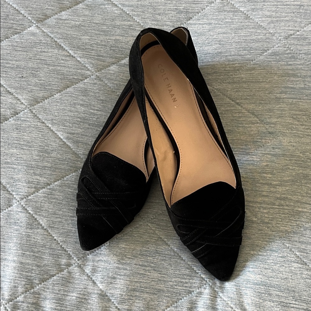 Cole Haan Black Pointed-Toe Suede D'Orsay Flats